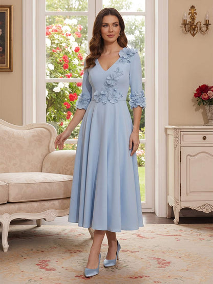 A-Line/Princess V-Neck Half-Sleeves Tea-length Mother of the Bride Dresses with 3D Floral & Pleats