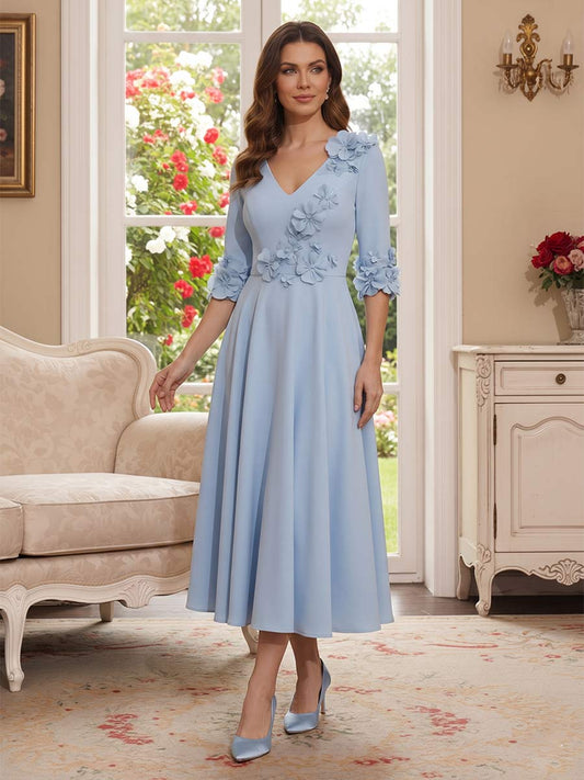 A-Line/Princess V-Neck Half-Sleeves Tea-length Mother of the Bride Dresses with 3D Floral & Pleats