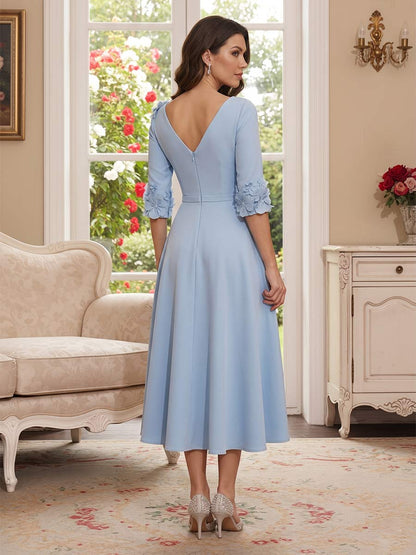 A-Line/Princess V-Neck Half-Sleeves Tea-length Mother of the Bride Dresses with 3D Floral & Pleats
