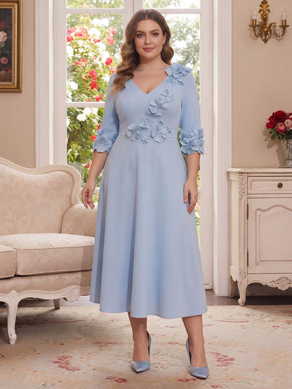 A-Line/Princess V-Neck Half-Sleeves Tea-length Plus Size Mother of the Bride Dresses with 3D Floral & Pleats
