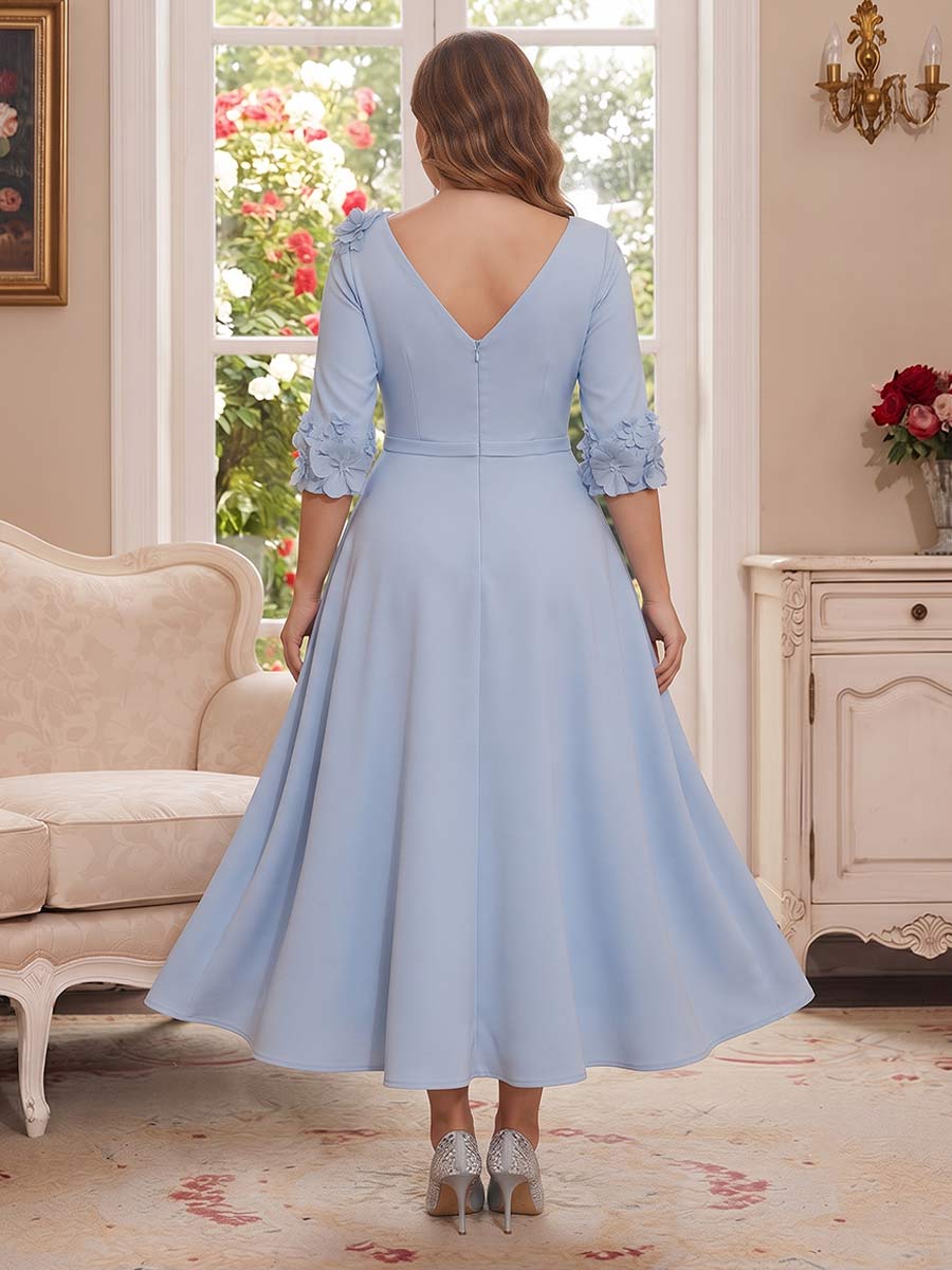 A-Line/Princess V-Neck Half-Sleeves Tea-length Plus Size Mother of the Bride Dresses with 3D Floral & Pleats