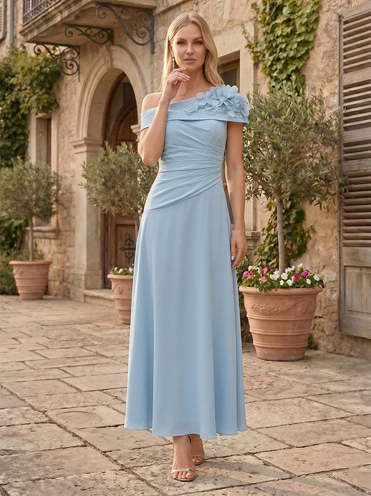 A-Line/Princess Asymmetrical Sleeveless Ankle-Length Mother of the Bride Dresses with 3D Floral & Pleats