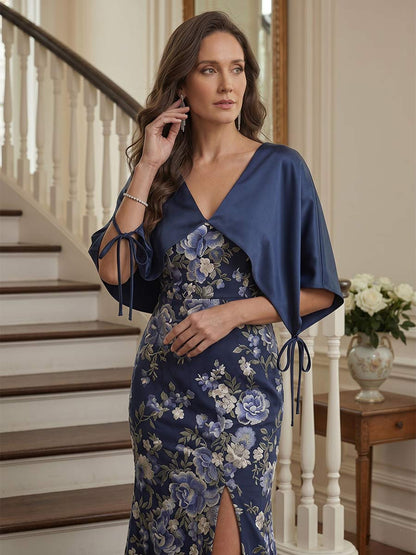 Trumpet/Mermaid V Neck Half Sleeves Floor-length Mother of the Bride Dresses with Split Side & Cape