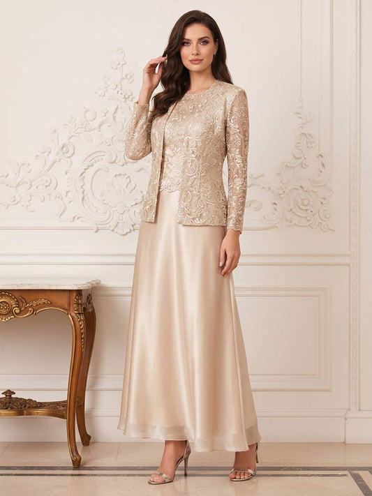 A-Line/Princess 2-Piece Scoop Long Sleeves Ankle-Length Mother of the Bride Dresses with Applique & Jacket