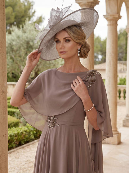 A-Line/Princess  Bateau Neck Short Sleeves Ankle-Length Mother of the Bride Dresses with Lace & Rhinestone
