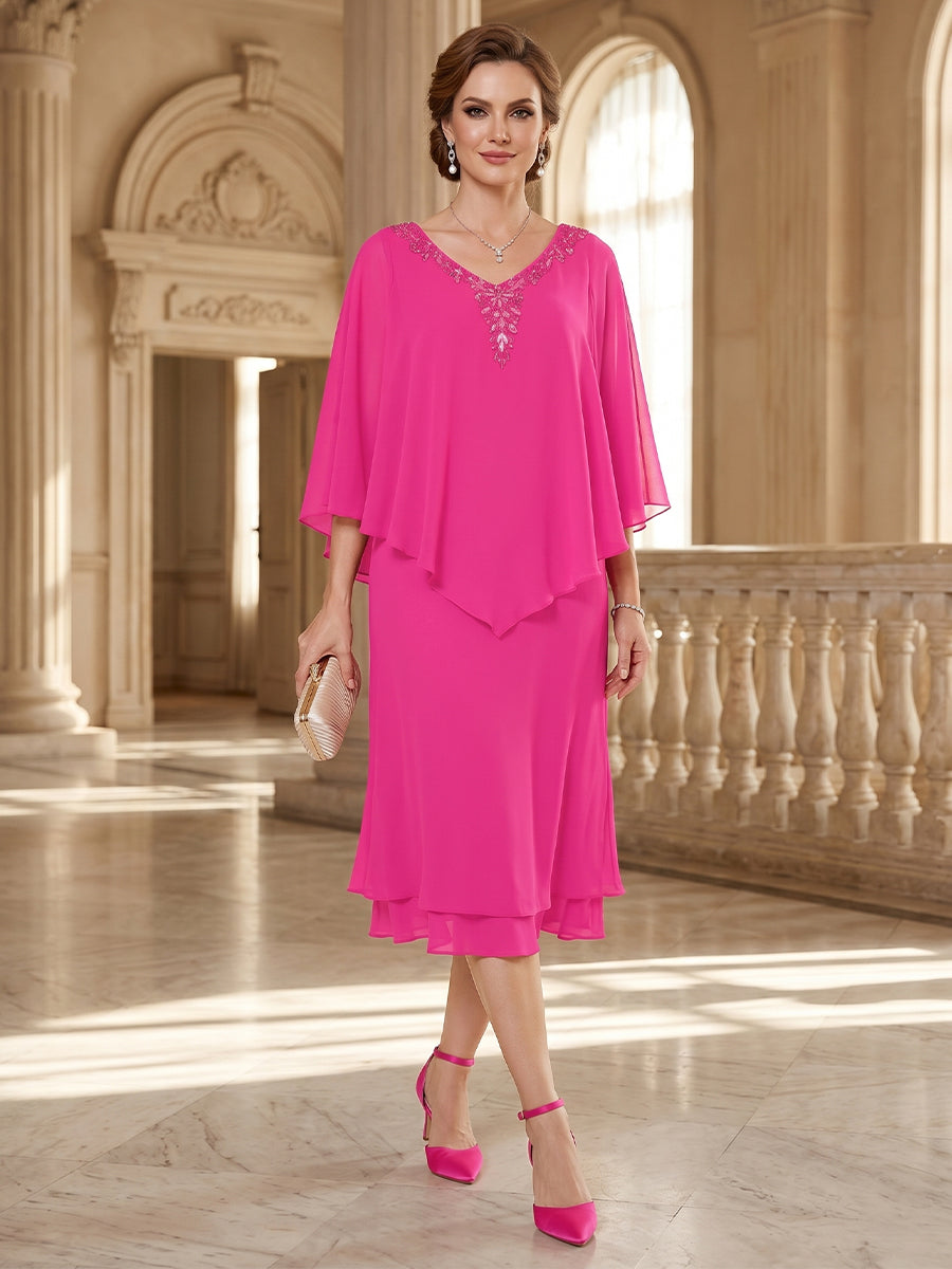 Sheath/Column V-Neck Flutter Sleeves Tea-length Mother of the Bride Dresses with Ruched & Beading