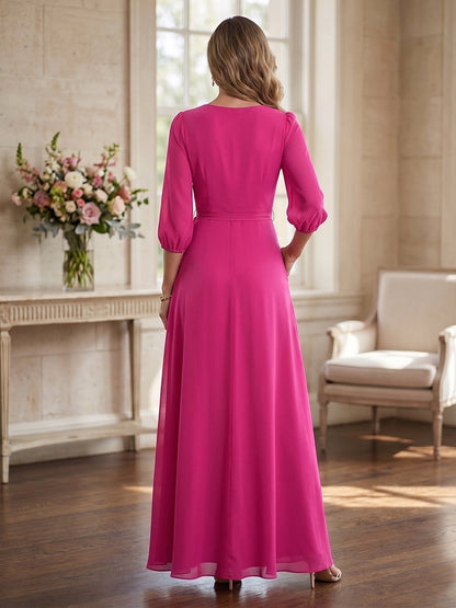 A-Line/Princess Half Sleeves V-neck Floor-length Mother of the Bride Dresses with Bowknot
