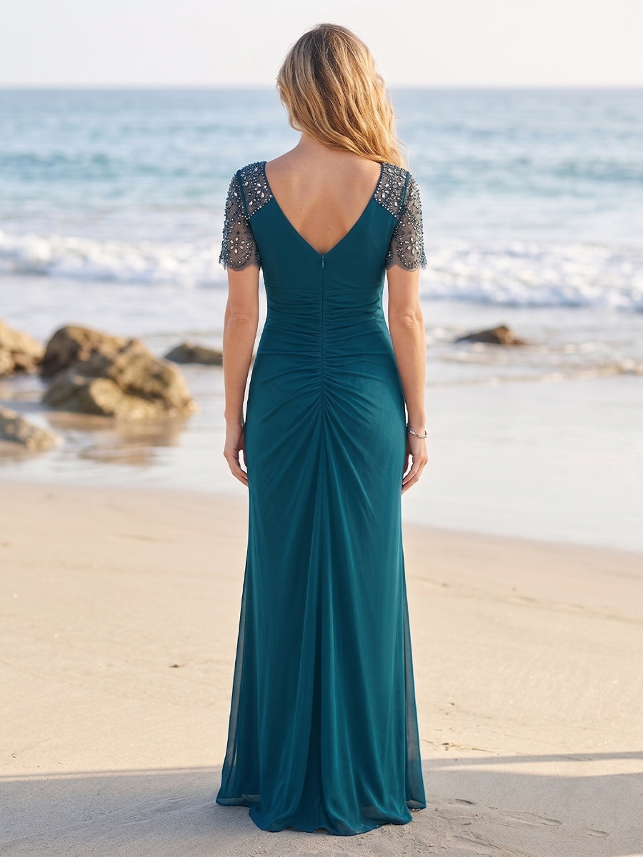 Sheath/Column V-Neck Short Sleeves Floor-length Mother of the Bride Dresses with Beading & Ruffles