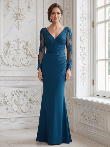 Trumpet/Mermaid V-Neck Long Sleeves Floor-length Mother of the Bride Dresses with Lace & Appliques