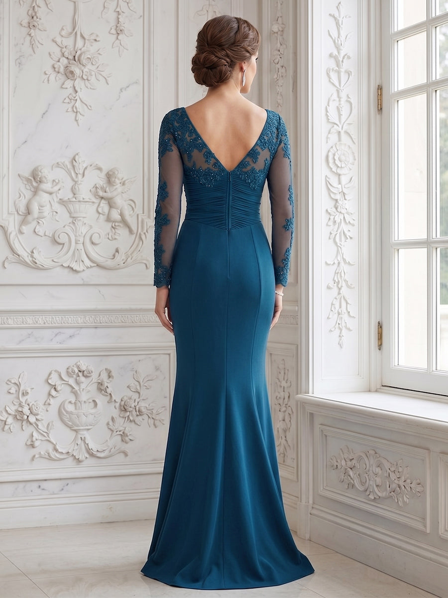 Trumpet/Mermaid V-Neck Long Sleeves Floor-length Mother of the Bride Dresses with Lace & Appliques
