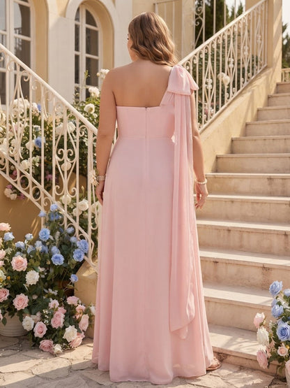 A-Line/Princess One-Shoulder Sleeveless Chiffon Floor-Length Plus Size Bridesmaid Dresses with Split Side & Bowknot