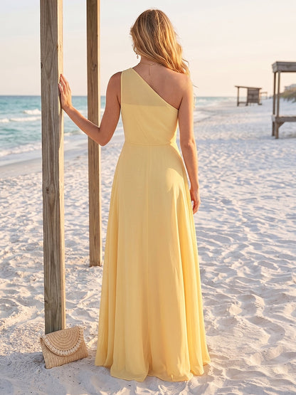 A-Line/Princess One-Shoulder Sleeveless Floor-Length Bridesmaid Dresses with Split Side & Ruched