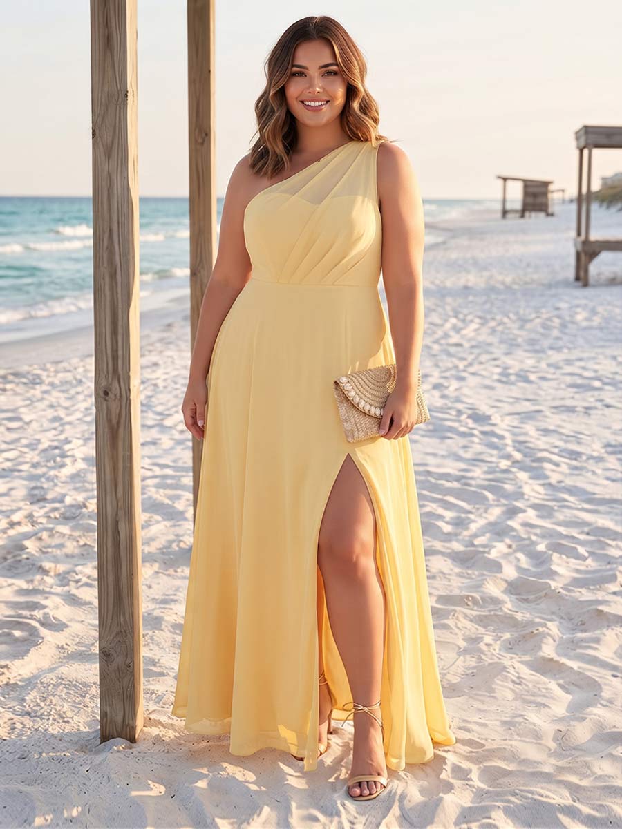 A-Line/Princess One-Shoulder Sleeveless Floor-Length Plus Size Bridesmaid Dresses with Split Side & Ruched