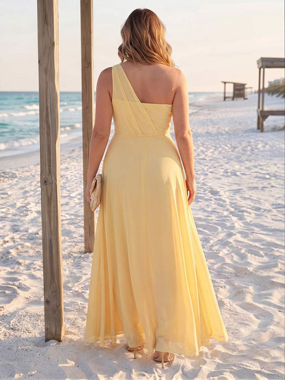 A-Line/Princess One-Shoulder Sleeveless Floor-Length Plus Size Bridesmaid Dresses with Split Side & Ruched