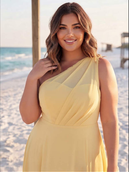 A-Line/Princess One-Shoulder Sleeveless Floor-Length Plus Size Bridesmaid Dresses with Split Side & Ruched
