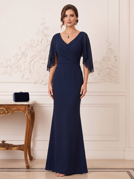 Trumpet/Mermaid V-Neck Flutter Sleeves Floor-length Mother of the Bride Dresses with Lace & Pleats