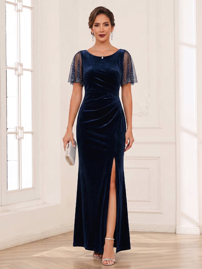 Sheath/Column Scoop Flutter Sleeves Floor-length Mother of the Bride Dresses with Split Side & Beading