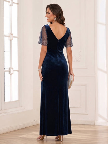 Sheath/Column Scoop Flutter Sleeves Floor-length Mother of the Bride Dresses with Split Side & Beading