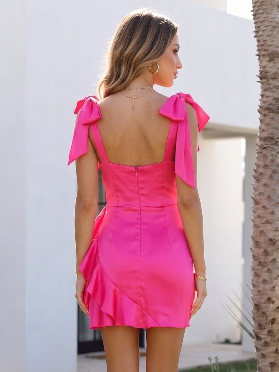 Sheath/Column Square Neck Short/Mini Semi Formal Dresses With Bowknot & Ruffles