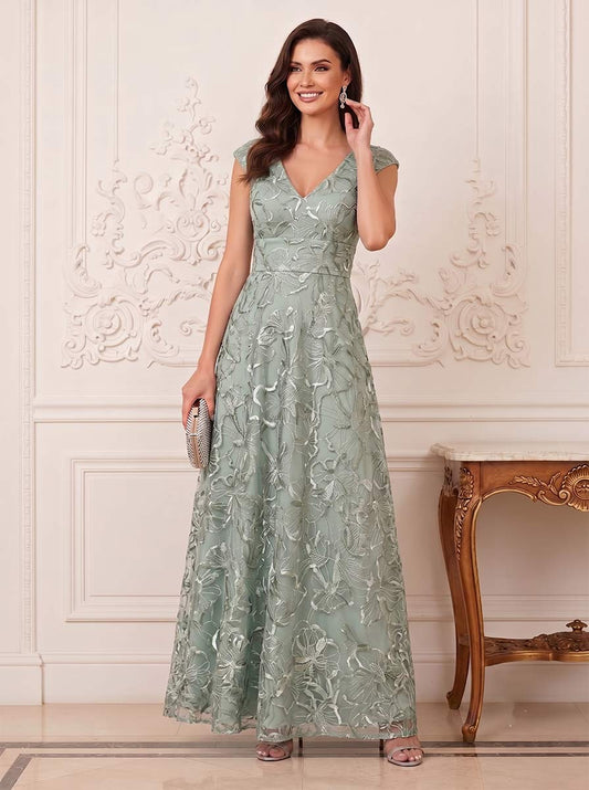 A-Line/Princess V-Neck Cap Sleeves Floor-Length Mother of the Bride Dresses with Applique