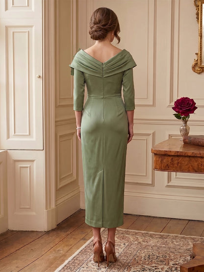 Sheath/Column Asymmetric Tea-Length 3/4 Sleeves Mother of the Bride Dresses with 3D Floral & Pleated