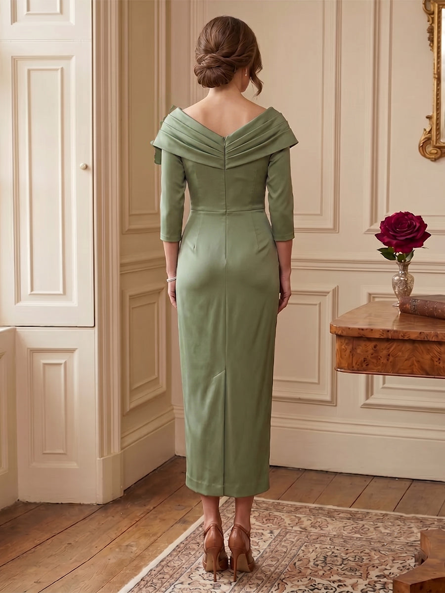 Sheath/Column Asymmetric Tea-Length 3/4 Sleeves Mother of the Bride Dresses with 3D Floral & Pleated