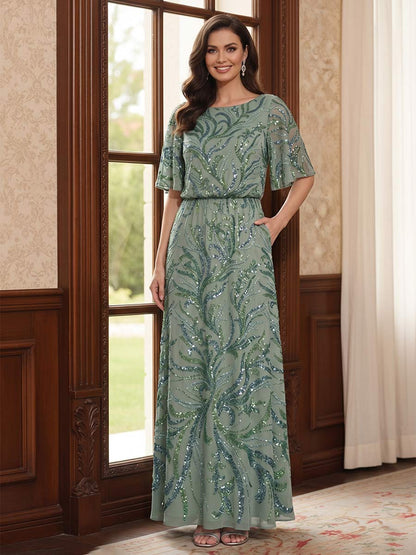 Sheath/Column Scoop Flutter Sleeves Floor-Length Mother of the Bride Dresses with Sequins
