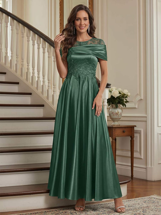 A-Line/Princess Scoop Short Sleeves Ankle-Length Mother of the Bride Dresses with Beading & Pleated