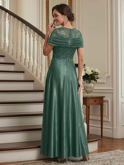 A-Line/Princess Scoop Short Sleeves Ankle-Length Mother of the Bride Dresses with Beading & Pleated