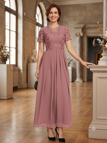A-Line/Princess Scoop Short Sleeves Ankle-Length Mother of the Bride Dresses with Applique & Pleated