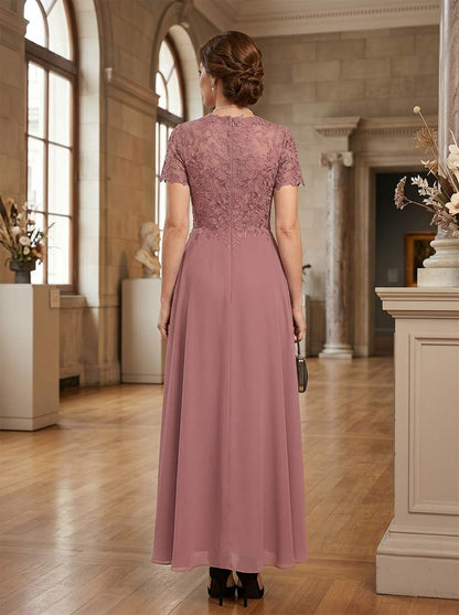 A-Line/Princess Scoop Short Sleeves Ankle-Length Mother of the Bride Dresses with Applique & Pleated