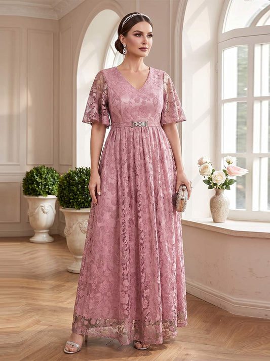 A-Line/Princess V-Neck Short Sleeves Floor-Length Mother of the Bride Dresses with Lace & Sash
