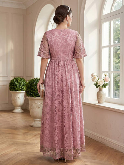 A-Line/Princess V-Neck Short Sleeves Floor-Length Mother of the Bride Dresses with Lace & Sash
