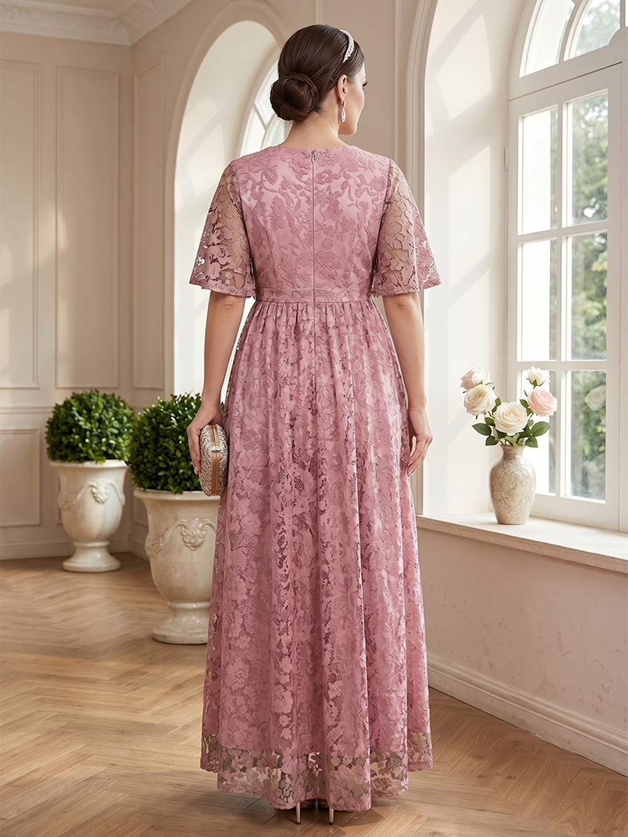 A-Line/Princess V-Neck Short Sleeves Floor-Length Mother of the Bride Dresses with Lace & Sash