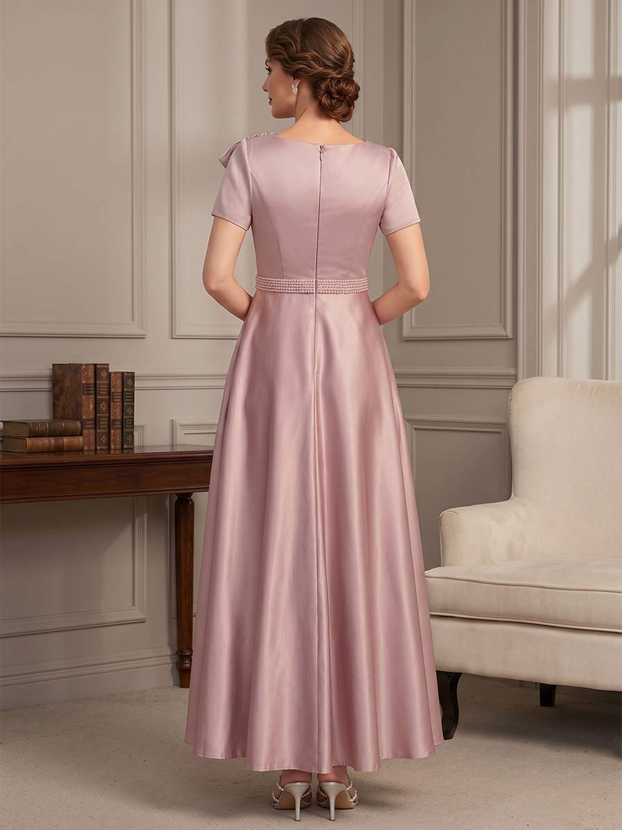A-Line/Princess Scoop Short Sleeves Ankle-Length Mother of the Bride Dresses with Bowknot & Pleated