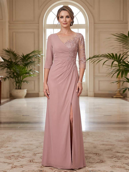Sheath/Column Scoop 3/4 Sleeves Floor-length Mother of the Bride Dresses with Split Side & Appliques