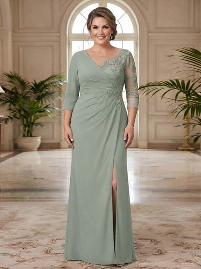 Sheath/Column Scoop 3/4 Sleeves Floor-length Plus Size Mother of the Bride Dresses with Split Side & Appliques