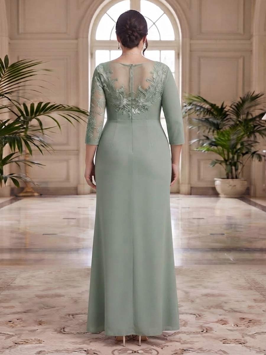 Sheath/Column Scoop 3/4 Sleeves Floor-length Plus Size Mother of the Bride Dresses with Split Side & Appliques