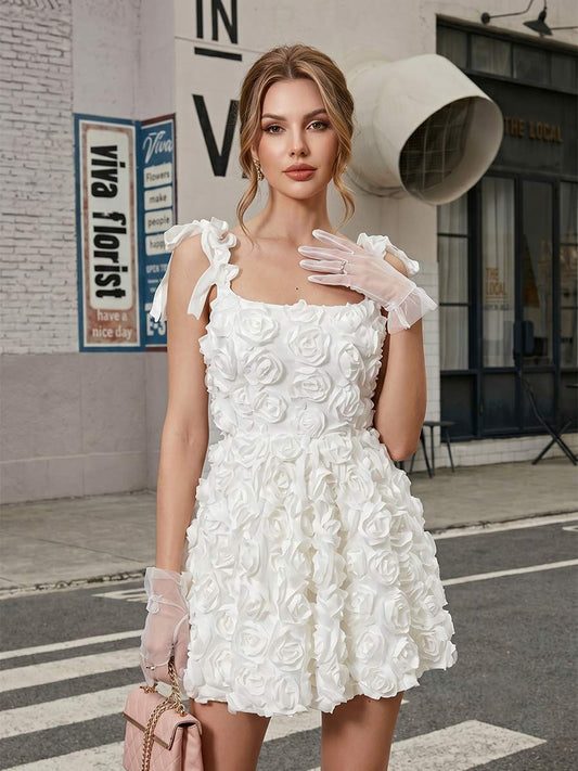 A-Line/Princess Square Neck Sleeveless Short/Mini Semi Formal Dresses with 3D Floral