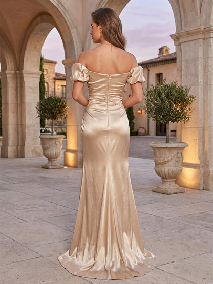 Sheath/Column Off-the-Shoulder Sleeveless Floor-Length Formal Dresses With Split Side & Ruched