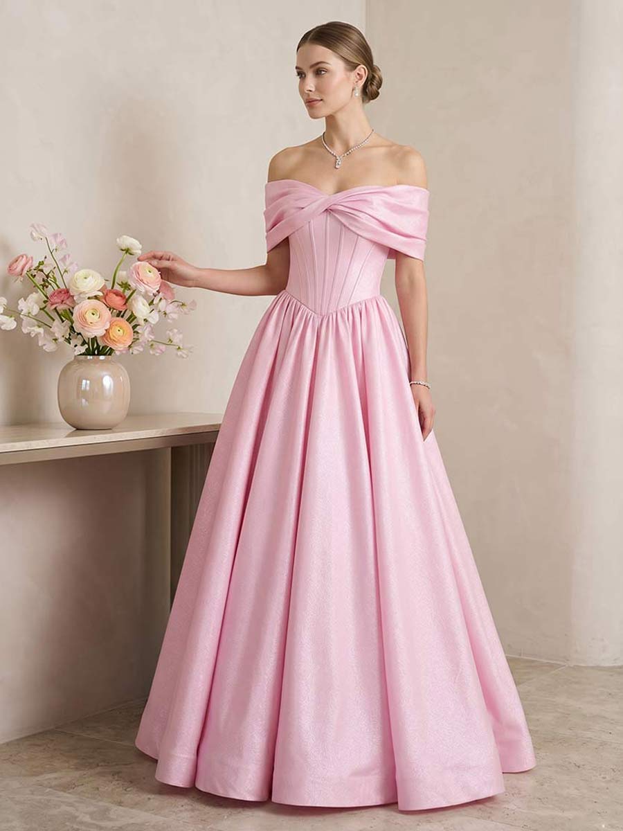 A-Line/Princess Off-the-Shoulder Sleeveless Floor-Length Prom Dresses With Pleats & Bowknot