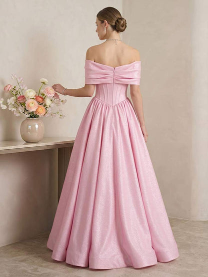 A-Line/Princess Off-the-Shoulder Sleeveless Floor-Length Prom Dresses With Pleats & Bowknot