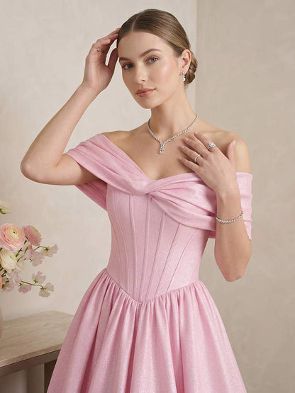 A-Line/Princess Off-the-Shoulder Sleeveless Floor-Length Prom Dresses With Pleats & Bowknot