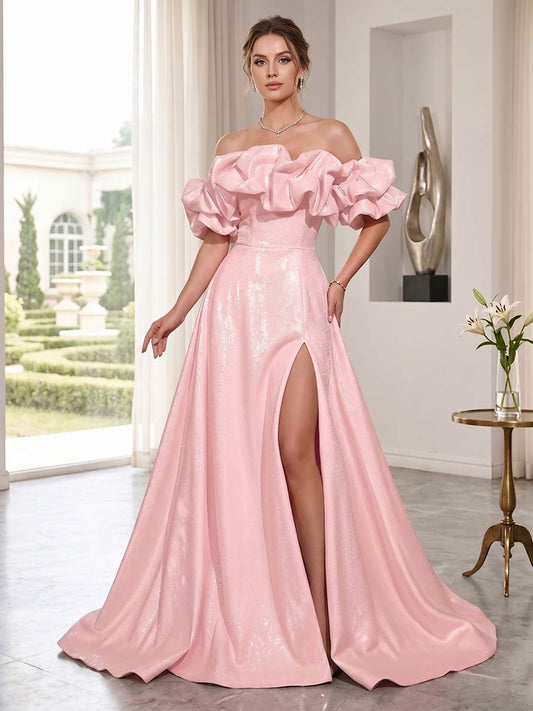 A-Line/Princess Off-the-Shoulder Sleeveless Floor-Length Prom Dresses With Split Side & Sequins