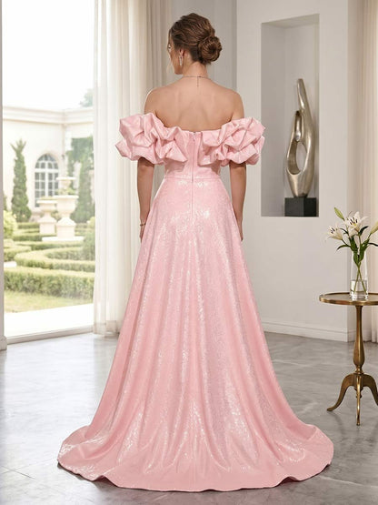 A-Line/Princess Off-the-Shoulder Sleeveless Floor-Length Prom Dresses With Split Side & Sequins