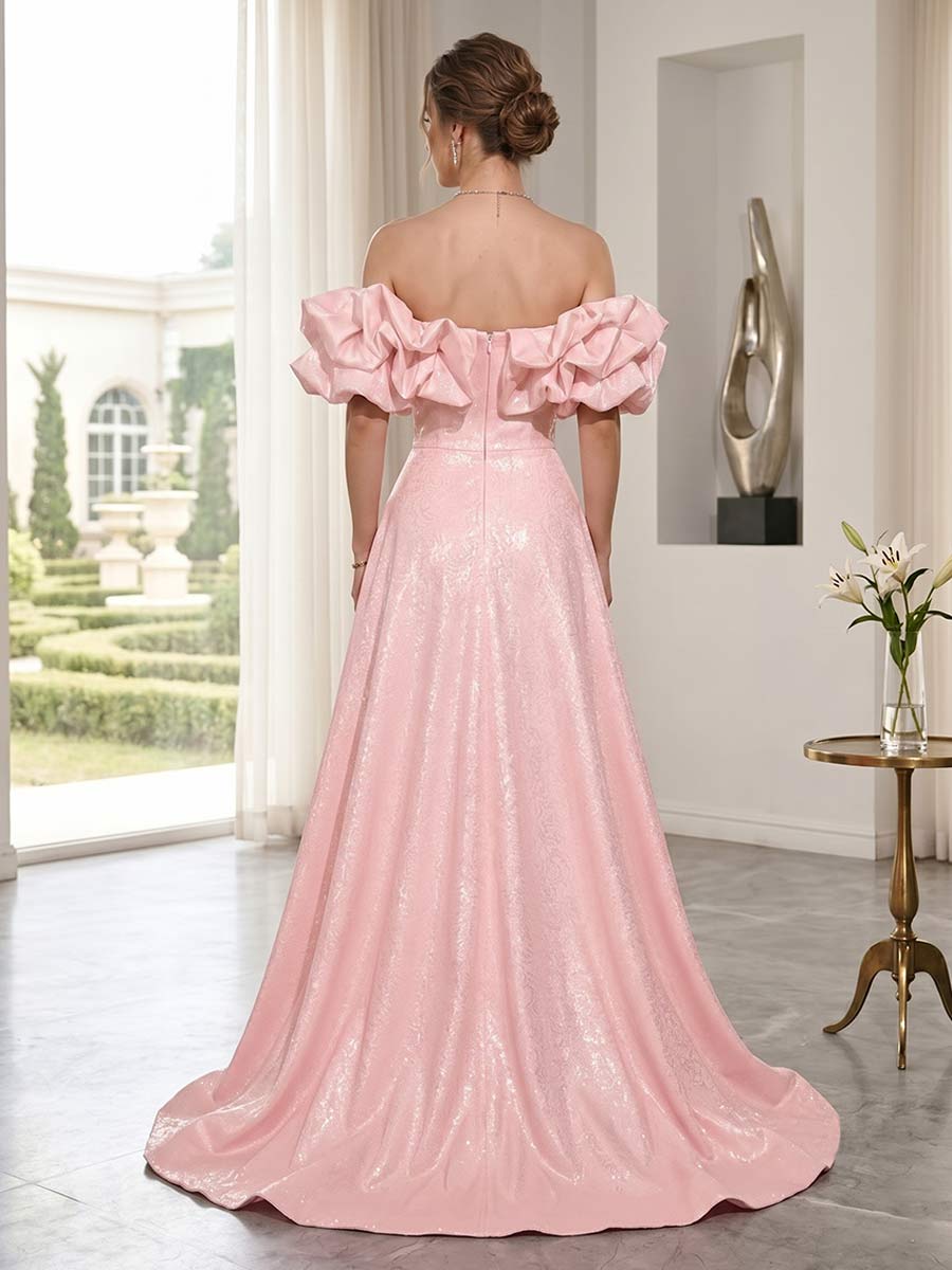 A-Line/Princess Off-the-Shoulder Sleeveless Floor-Length Prom Dresses With Split Side & Sequins
