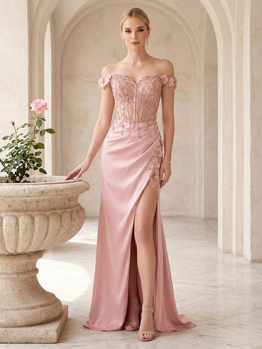 Sheath/Column Off-the-Shoulder Sleeveless Floor-Length Prom Dresses With Split Side & Applique