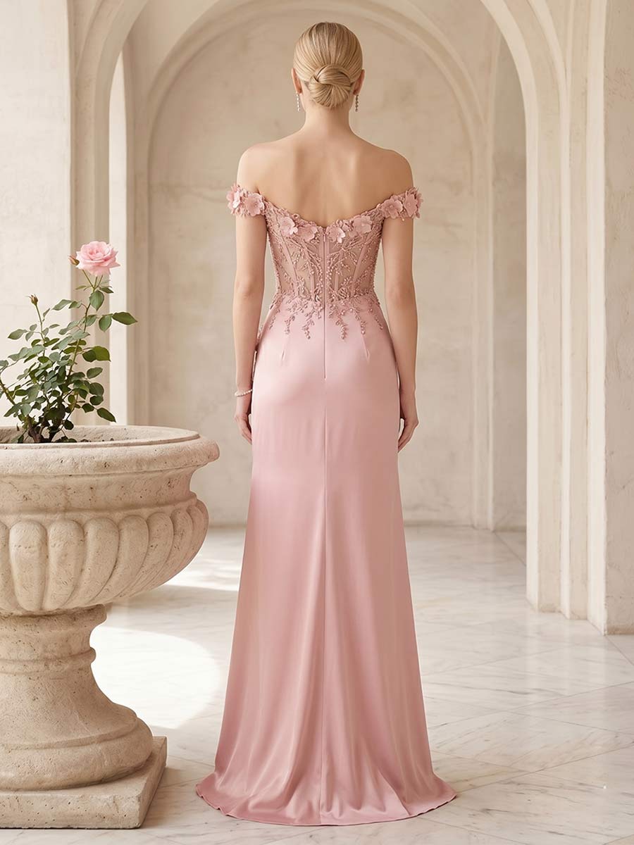 Sheath/Column Off-the-Shoulder Sleeveless Floor-Length Prom Dresses With Split Side & Applique