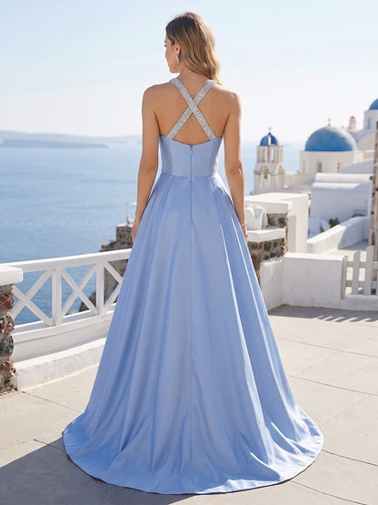 A-Line/Princess Halter Sleeveless Floor-Length Formal Dresses with Beading & Pleats