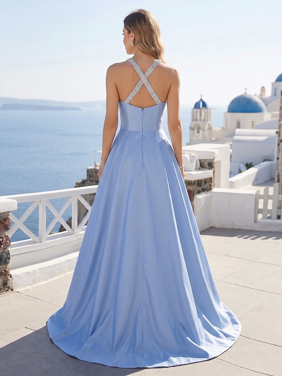 A-Line/Princess Halter Sleeveless Floor-Length Formal Dresses with Beading & Pleats